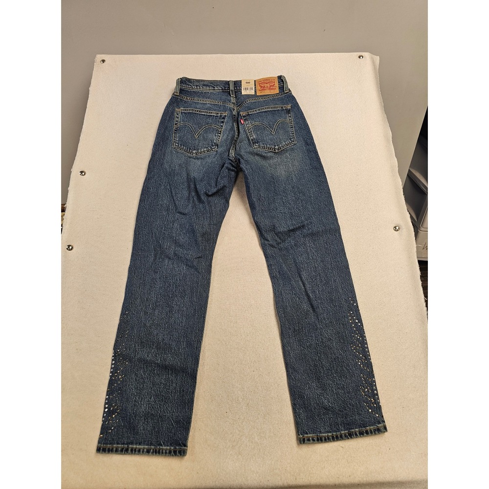 Levis 501 Curve High Rise Straight Leg Rhinestone Studded Jeans Blue 29x30 NEW